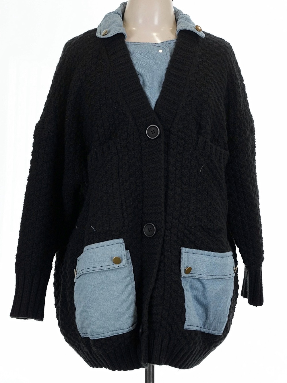 DAVI & DANI Chunky Knit Cardigan with Light Blue Pocket Accents